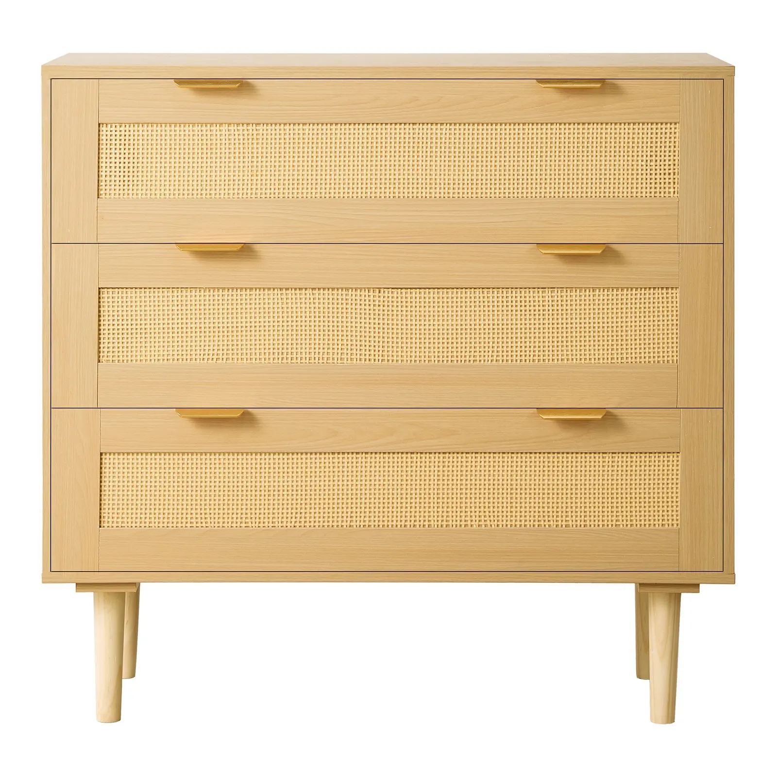 

3 Drawer Rattan Dresser, Modern Closet Dresser For Bedroom, Natural Rattan Chest Of Drawers With Metal Handles & Wooden Legs,