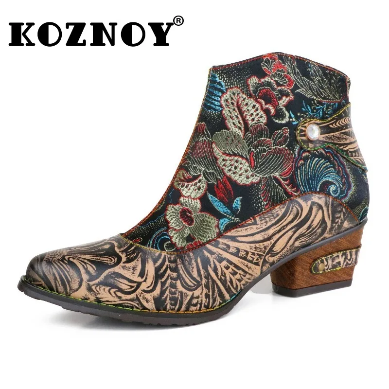 

Koznoy 5cm Embroidery Cloth Genuine Leather Ethnic Print Ankle Winter Plush Plus Size Novelty Women Boots Autumn Spring Shoes