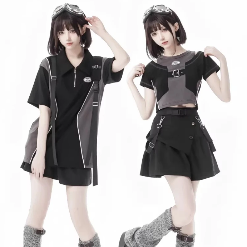 

Summer Casual Lapel Splicing Letter Embroidery Youth Short-sleeved Top Sweet Cool Suit Women's Functional Style Short Skirt Girl