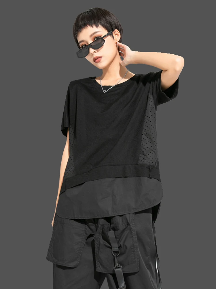 

Loose Fit Short Sleeve round Neck T-Shirt Women's Summer Thin Elastic Fork Personality Fashion Large Size European Style Shirt
