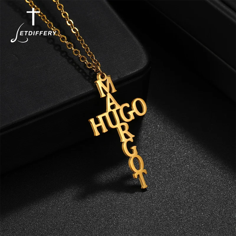 Letdiffery Custom 2 Names Cross Necklace for Women Men Stainless Steel Personalized Letter Cross Pendant Christian Faith Gifts