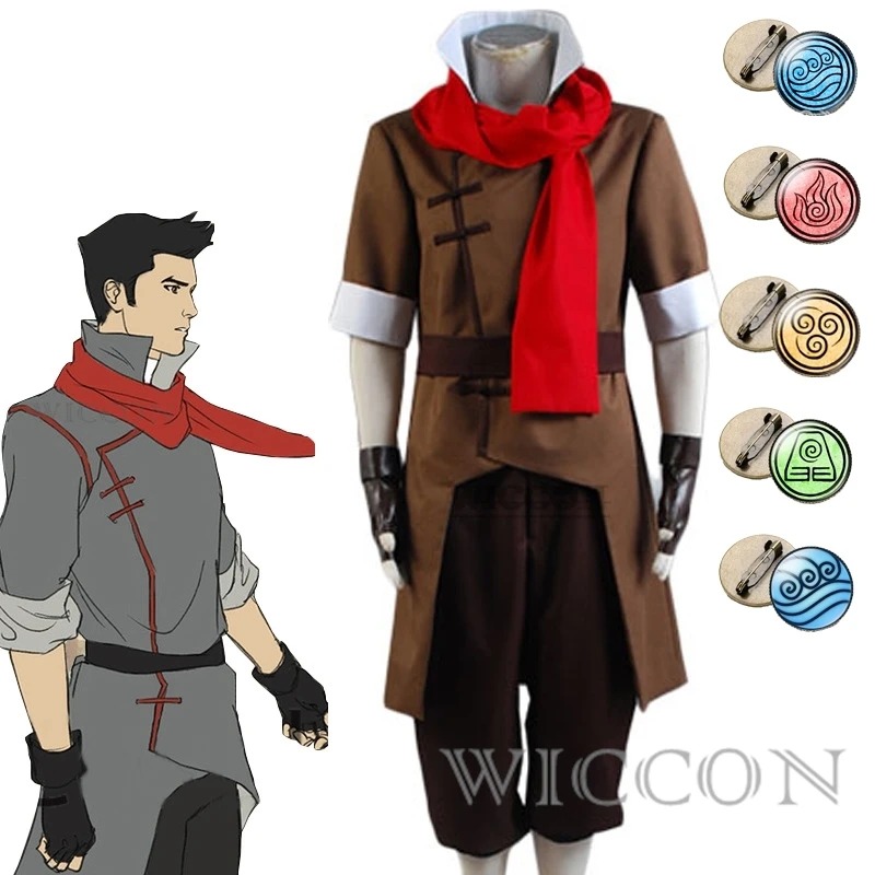 Anime Avatar:The Last Airbender Mako Cosplay Costume emblems Jacket Black Pant Red Scraf Halloween Carnival Adult Men Fancy Suit