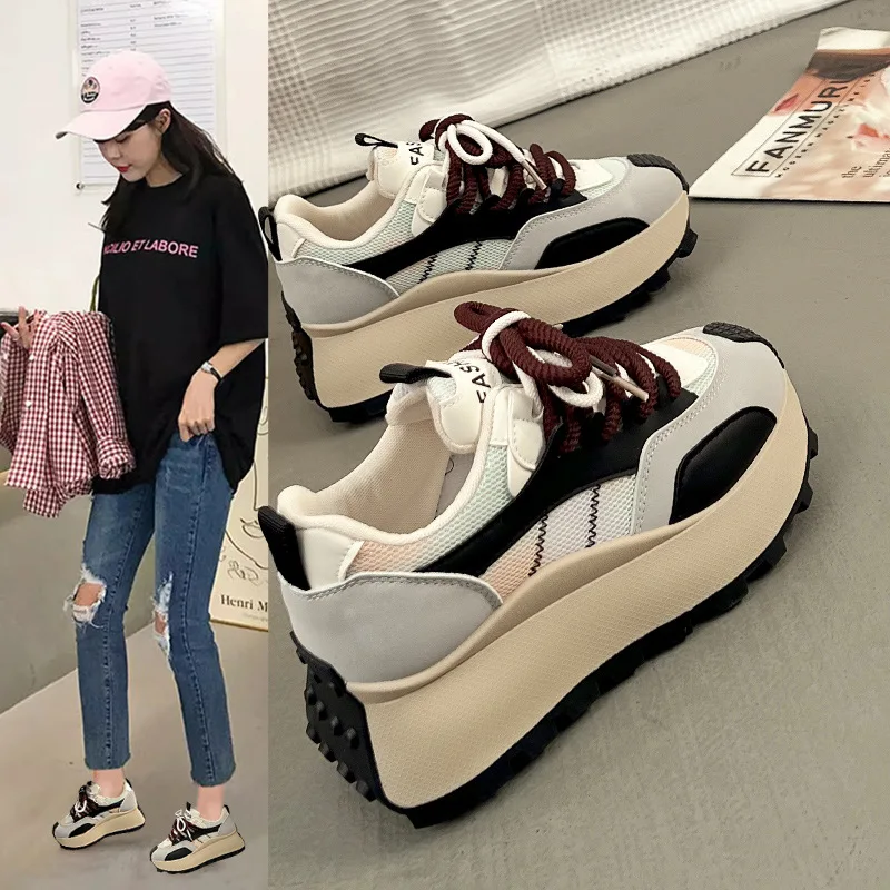 Korean Ins Chunky Sneakers Autumn Student Anti-slip Thick Sole Height-increasing Shoes Casual All Match Rainbow Colors Sneakers