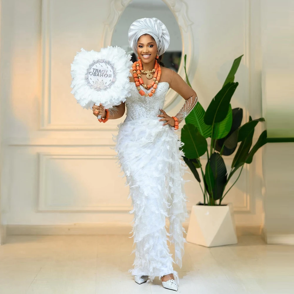 

Pretty White Feather Lace Prom Gown Africa Women Beaded Satin Evening Dress Luxury Crystals Mesh Mermaid Bridal Wedding Gowns