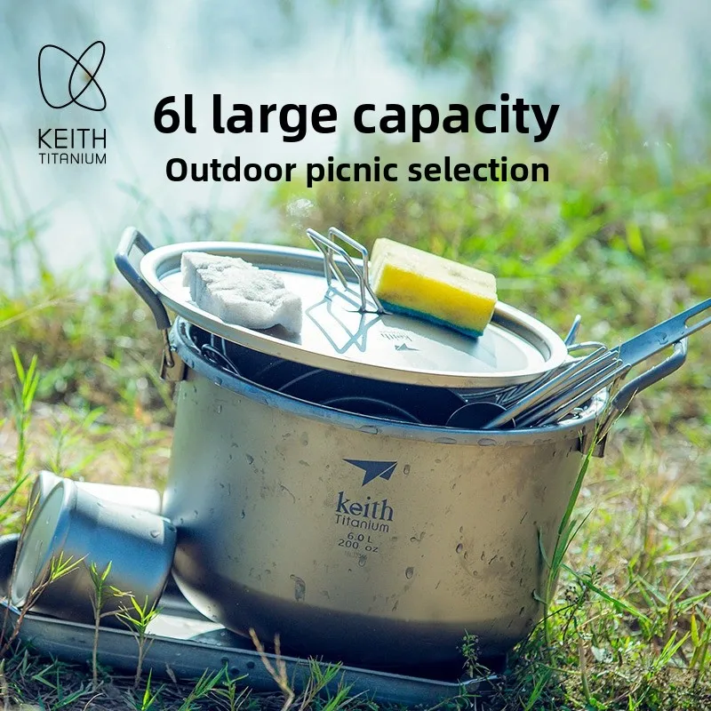 Keith 6L/6000ml Pure Titanium Cooking Pot - Lightweight Foldable Handle Large Capacity Stockpot for Outdoor Indoor Camping Party