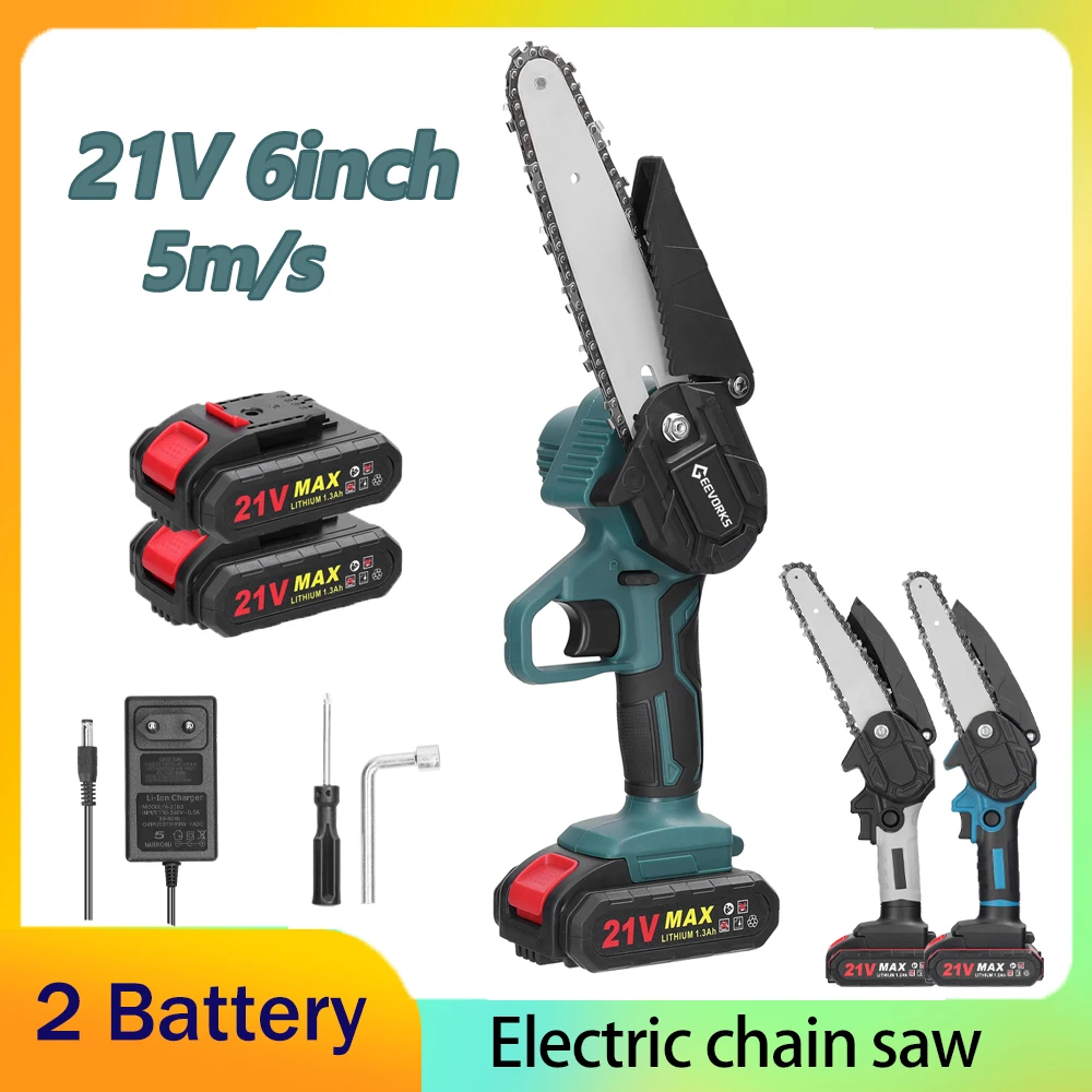 21V  6 inch Mini Electric Pruning Saws Portable Rechargeable Small Wood Splitting Chainsaw Woodworking Tool for Garden Orchard