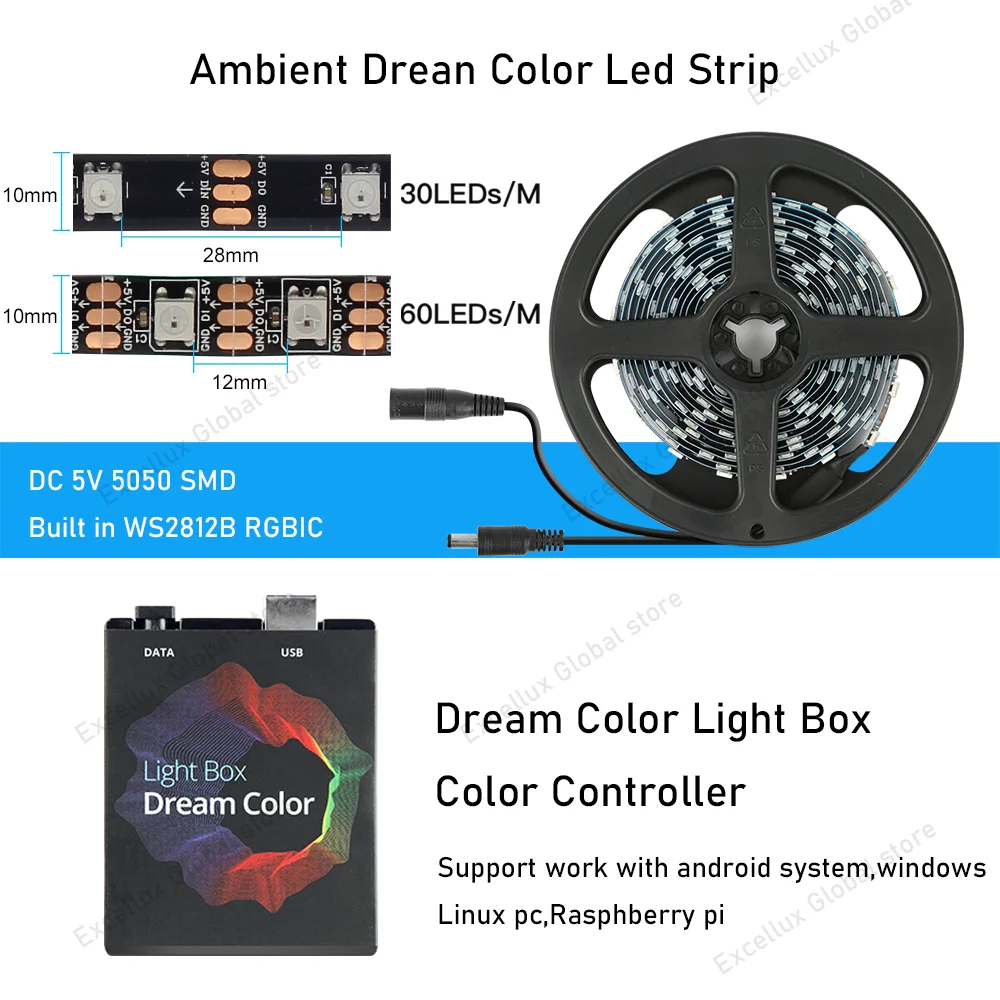 Tira de luces LED USB de 5V WS2812B, Kit de TV ambiental de Color de sueño 5050 RGB para iluminación de fondo de pantalla de PC de escritorio, 1M,