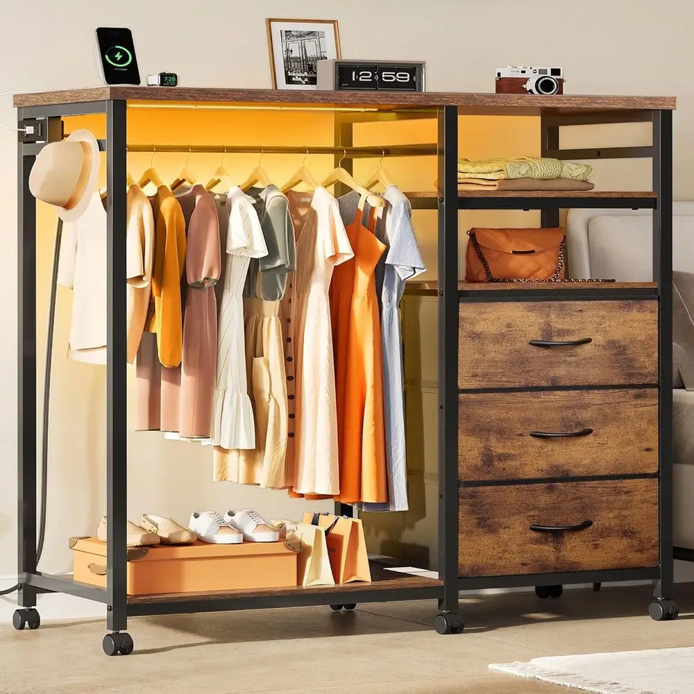 

Drer with Hanging Rack or Bedroom, 3 Der Drer with LED Lights & Charging Station, abric Drers & Chest o Ders, Storage Organizer