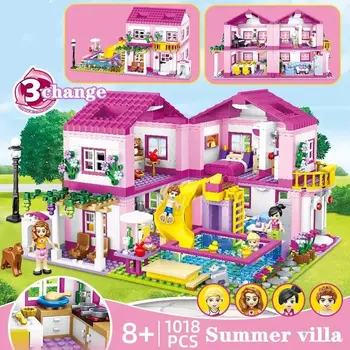 City street view house summer vacation Villa castle building block girls series swimming pool bricks DIY assembled toys kids gift