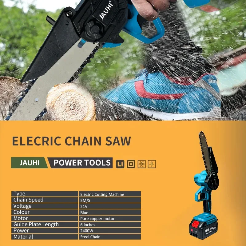 JAUHI 6 Inch Chain Saw Cordless Electric Saw for Makita 18V Battery Handheld Garden Logging Chainsaw Wood Cutting Power Tool