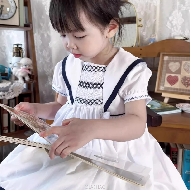

Teen Girl Clothes 2025 White Vintage Navy Style Hand Girls Short Sleeve Dress Kids Simple Casual Outfit Smocked Children Costume