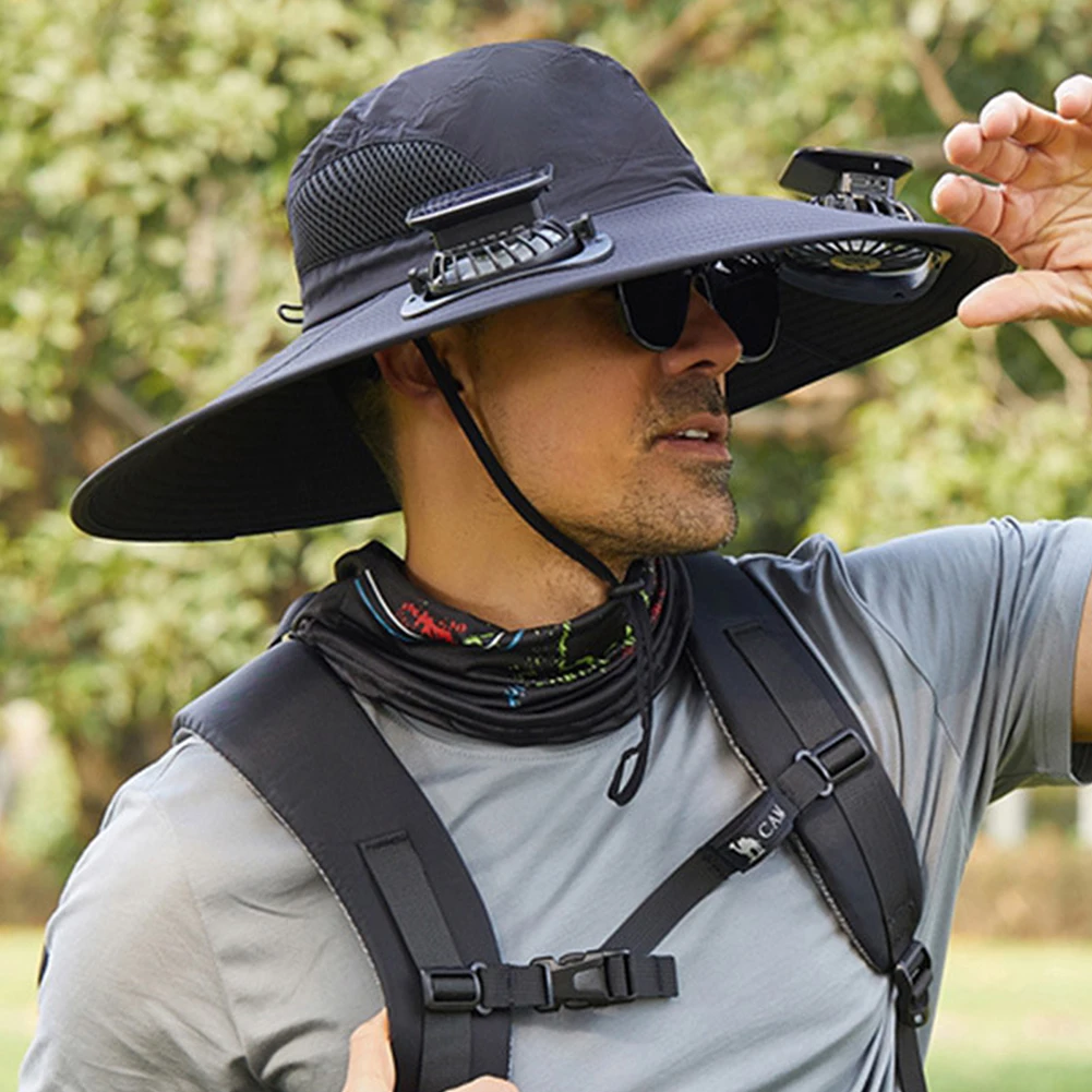 

Солнечная кепка-вентилятор: солнцезащитная кепка с широкими полями, работающая от солнечной энергии, с защитой от УФ-излучения, летняя солнцезащитная кепка с 2 солнечными вентиляторами для зарядки