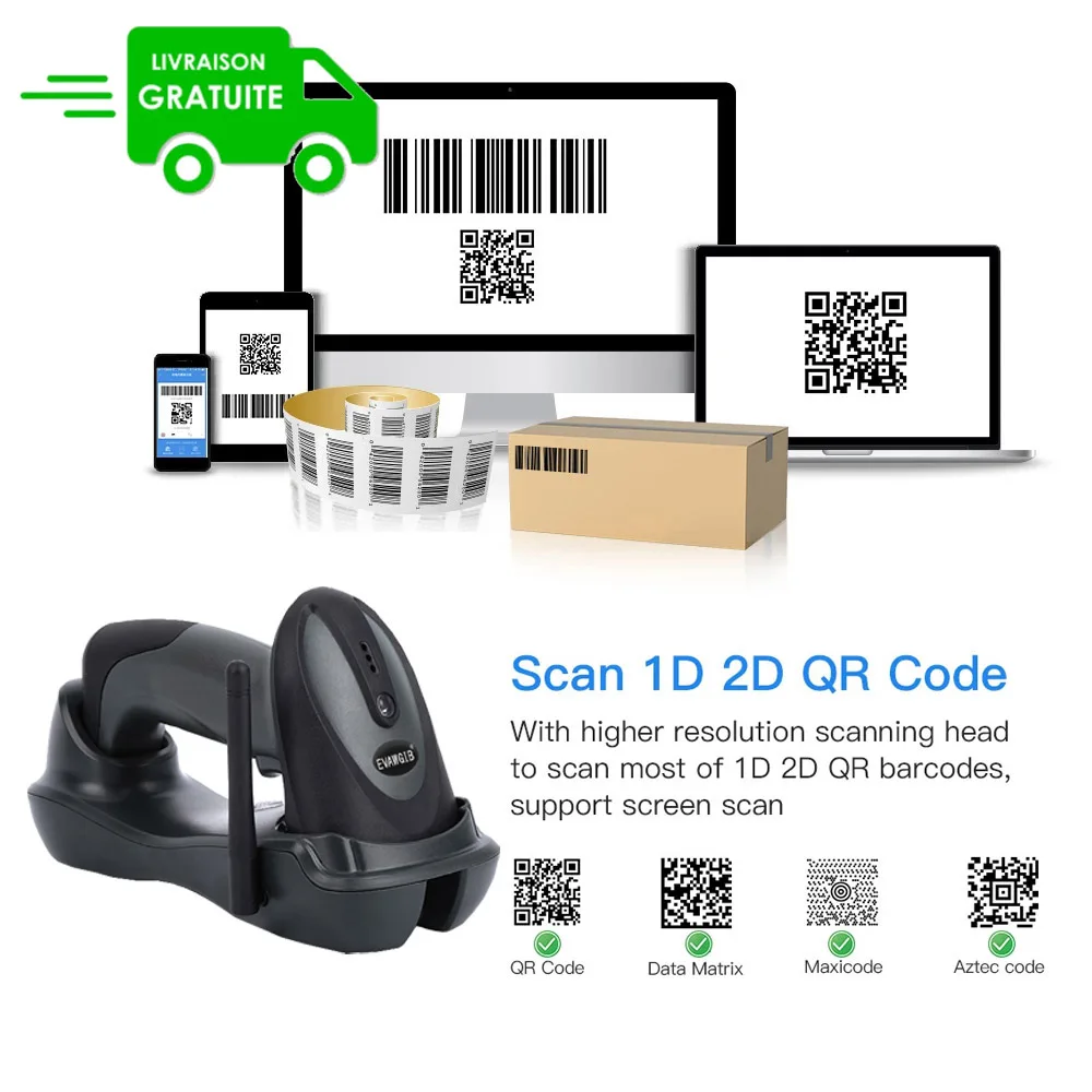 

Livraison gratuite Scanner de code à barres sans fil 2D Scanner de code QR portable CMOS Clavier de poche