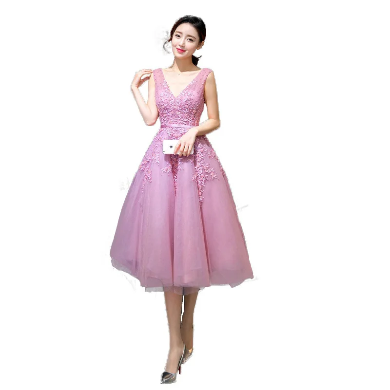 DSP A Line Tea Length Tulle Prom Dresses for Woman Elegant V Neck Short Formal Dress Evening Party Dresses