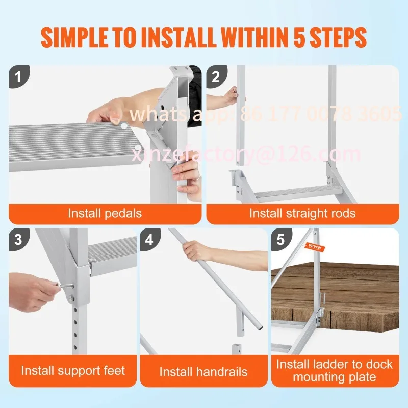 Customizable 4/6 Step Dual Handrails Dock Ladder Aluminum with Rubber Mat 30"-39" Adjustable Height for Lake Marine Boarding