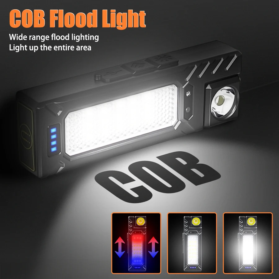 C2 Portable Flashlight Super Bright MINI USB Rechargeable LED Tail Magnet Torch with COB Emergency Light for Camping Hiking Use