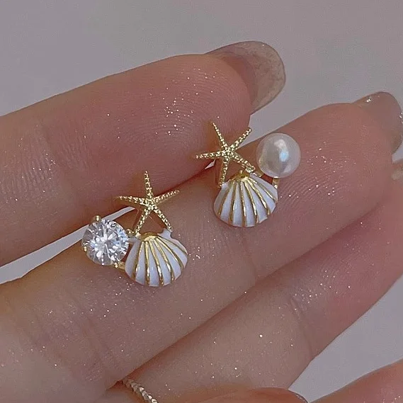 PONYKISS 925 Sterling Silver Zircon Pearl Star Shell Stud Earrings for Women Cute Fine Jewelry Minimalist Accessories