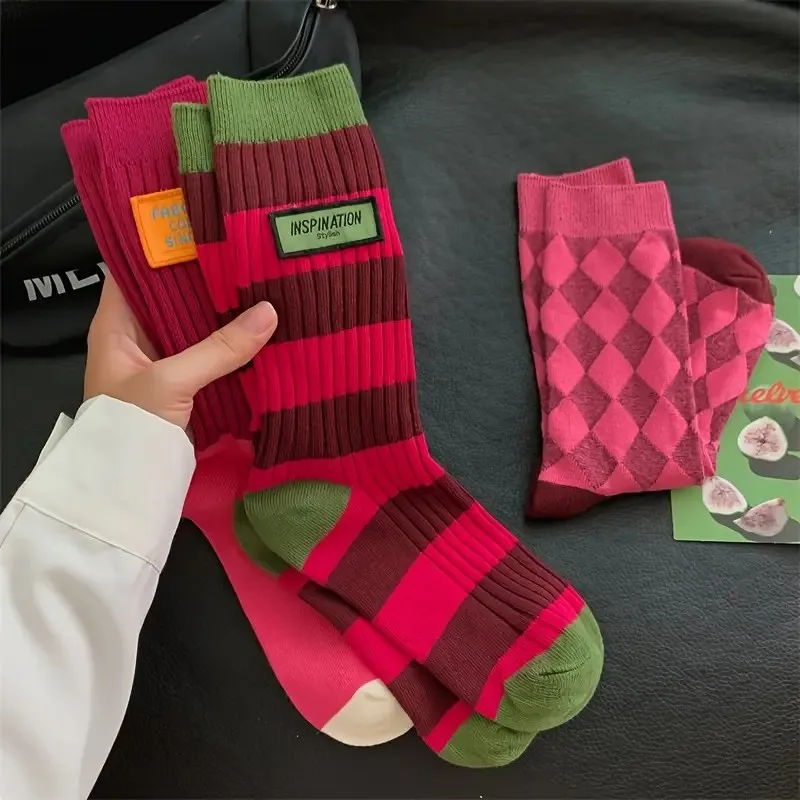 1/3 Paar Damen-Socken aus Baumwolle mit Seitenetikett und mittlerer Röhre, modischer karierter Druck, Street-Style, schweißabsorbierend, atmungsaktiv, lässige Socke – Detail 3