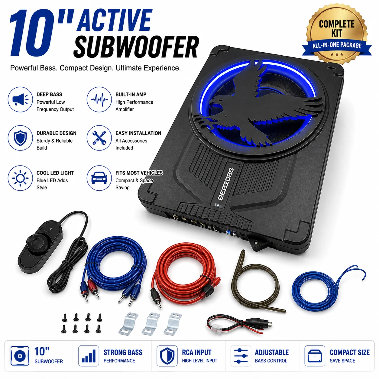 10‑Inch Low‑Profile Under‑Seat Powered Subwoofer, Ultra‑Thin Built‑in Amp Car Bass Speaker, Hidden‑Mount Car Audio Unit for Enha