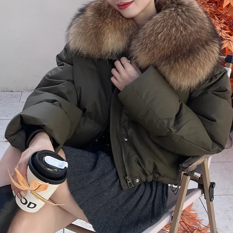 Women 2023 White Goose Down Coat Jacket Vegan Leather Crop Coat Thick Warm with Raccoon Fur Collar ML6310