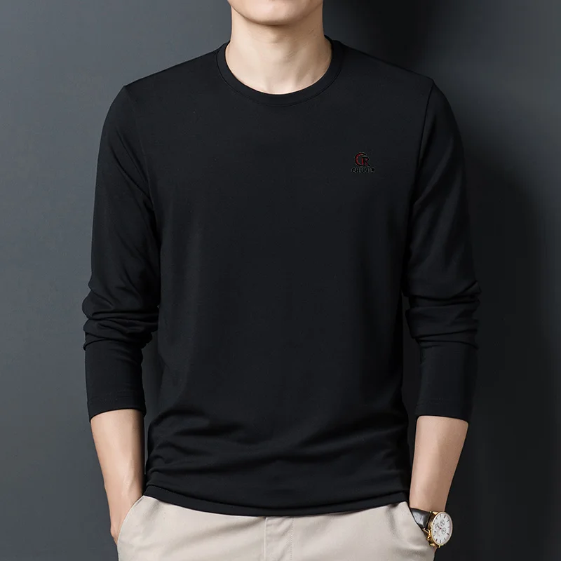 

Spring New Solid Color Round Neck Embroidered Base Shirt for Men, 100% Pure Cotton Embroidered Long Sleeved T-shirt