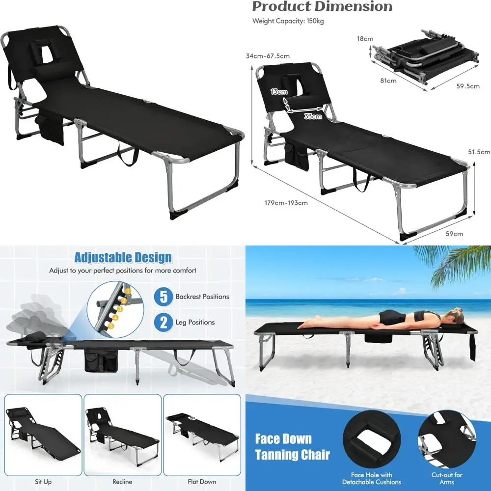

Adjustable 5-Position Folding Tanning Lounge Chair with Face Hole, Pillow, Side Pocket for Beach Use