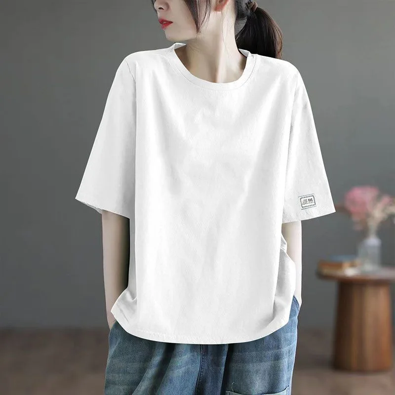 Elegant Fashion Harajuku Slim Fit Female Clothes Loose Casual Sweat All Match Tops Women Solid O Neck Insert Short Sleeve Tees