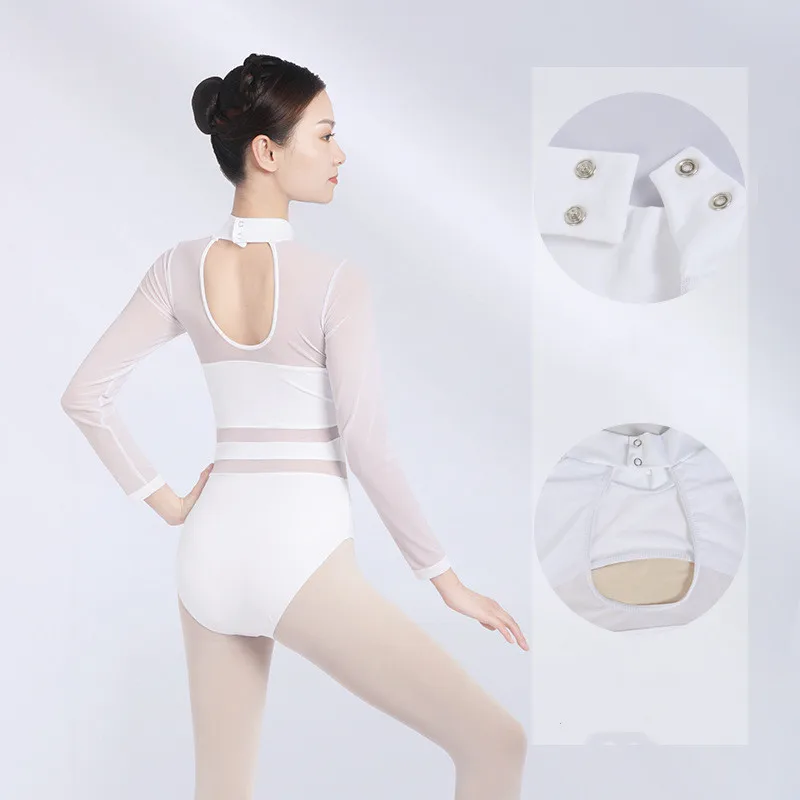 Leotardo de Ballet de malla para mujer, cuello alto, leotardo de gimnasia elástico, negro y blanco, trajes de baile para adultos