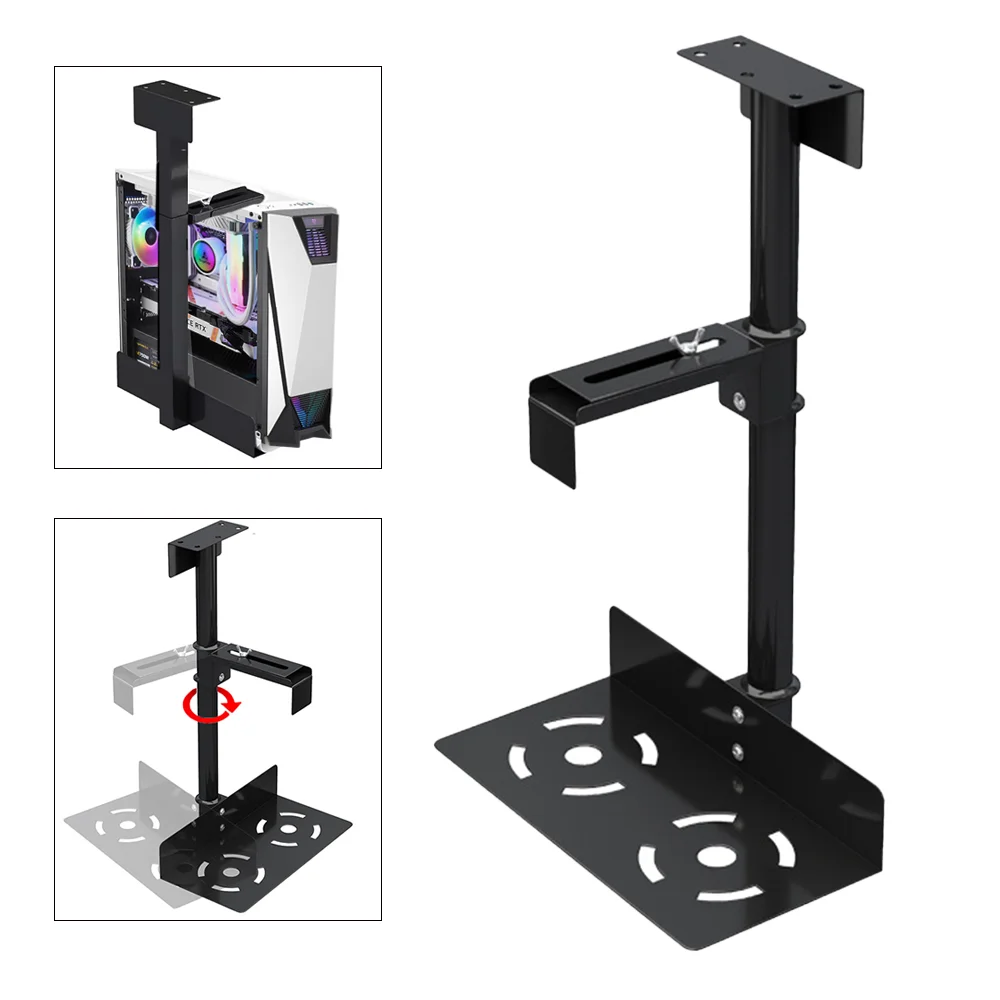 Support de CPU réglable sous le bureau, 360° °   Support de tour d'ordinateur rotatif en acier au carbone, capacité de charge de 25 kg, largeur et hauteur réglables, support de boîtier d'ordinateur pour bureau, maison, espace de travail