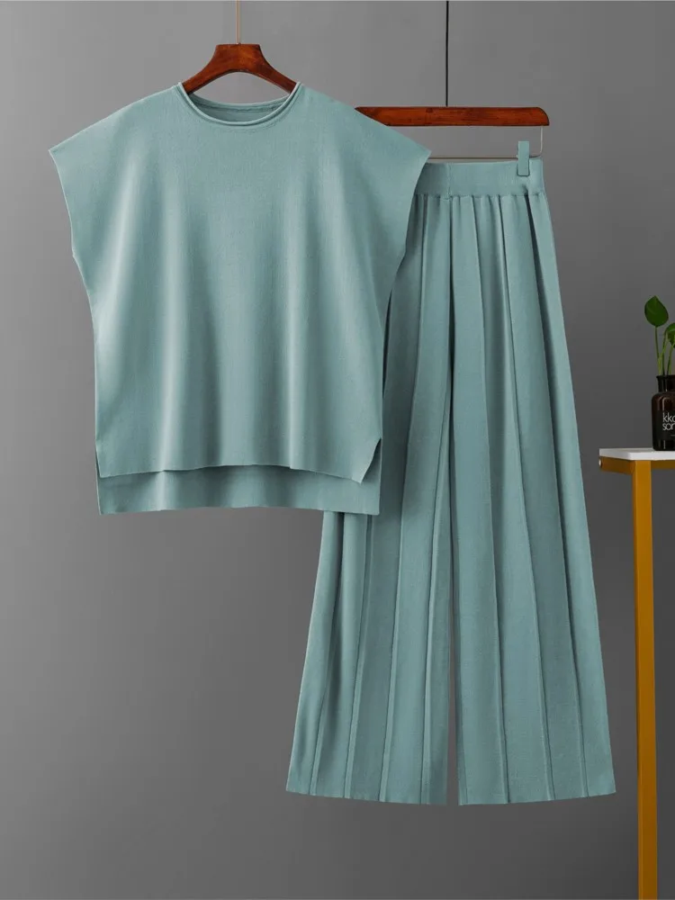 Mode Stricken Set Für Frauen Casual Solide O Hals Ärmellose Tops + Hohe Taille Breite Bein Hosen 2-stück Sets Dame Büro Kleidung Sommer