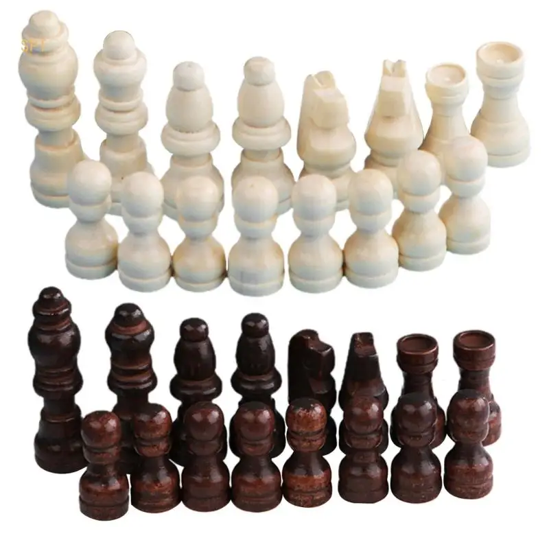 32 Pcs Wooden International Chess Pieces Hand Carved Chess Game Figurine Pieces 714F