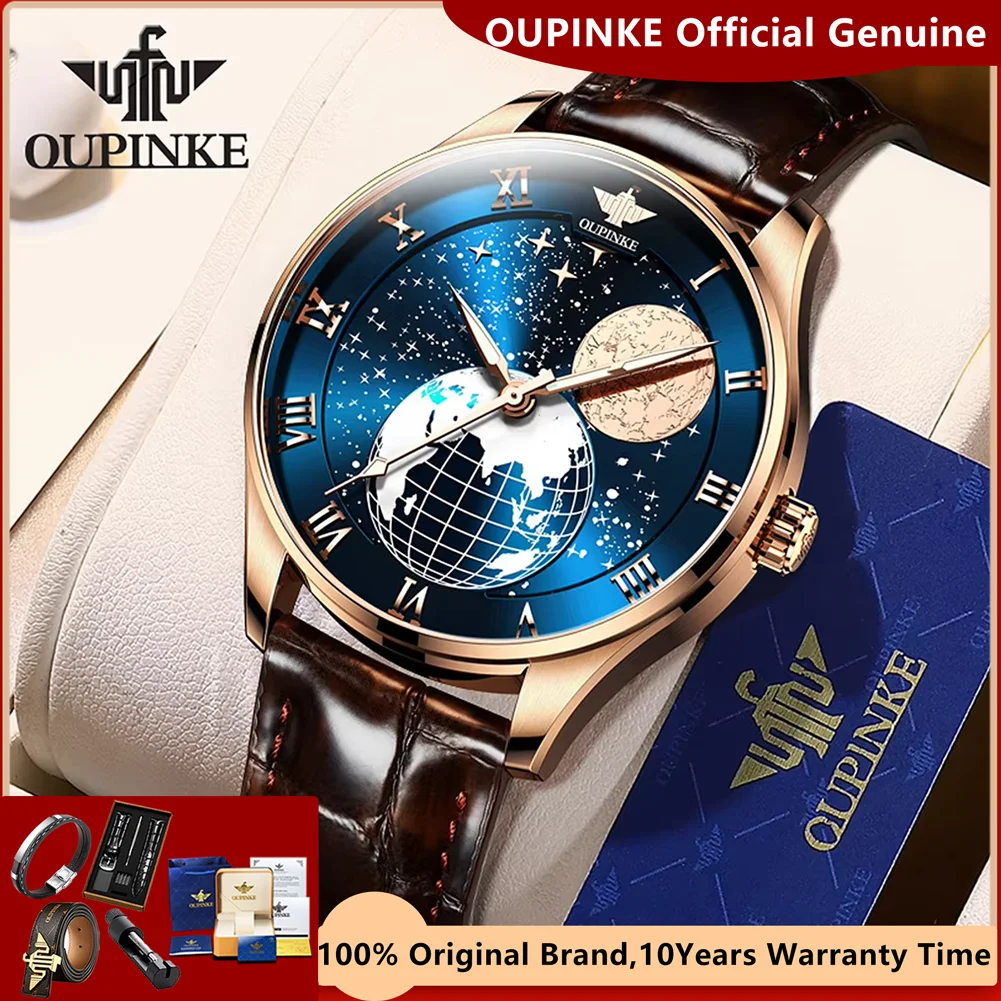 

OUPINKE Moon Phase Watches for Men Genuine Leather Strap Japan Movement Automatic Mechanical Wristwatches Luxury Brand Man Watch