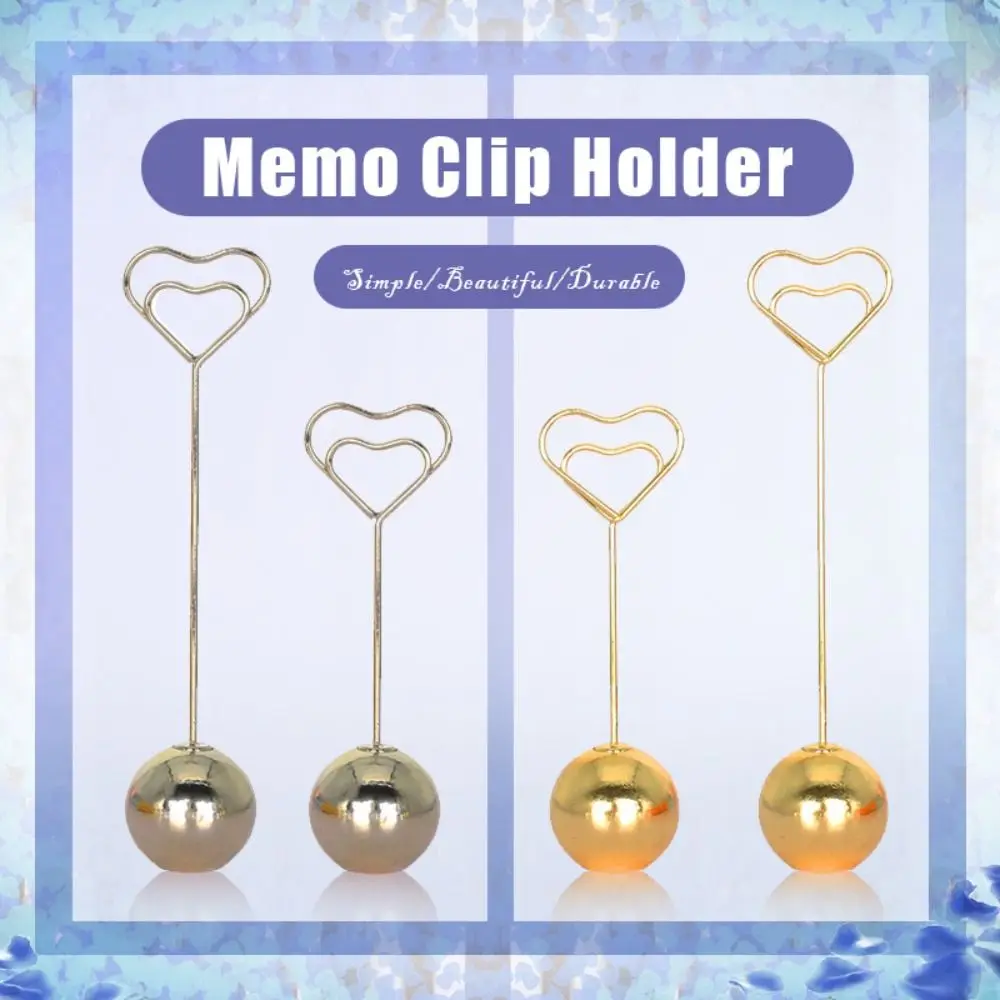 Metal Ball Base Memo Clip Holder Heart Shaped Vertical Desktop Notes Clamp Desktop Decoration Name Card Holder