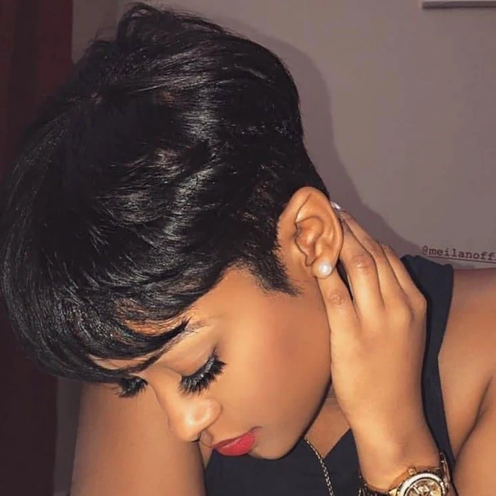 Короткий парик с стрижкой пикси Бразильские парики из натуральных волос для чернокожих женщин Короткая натуральная черная стрижка пикси Полный машинный парик Натуральный