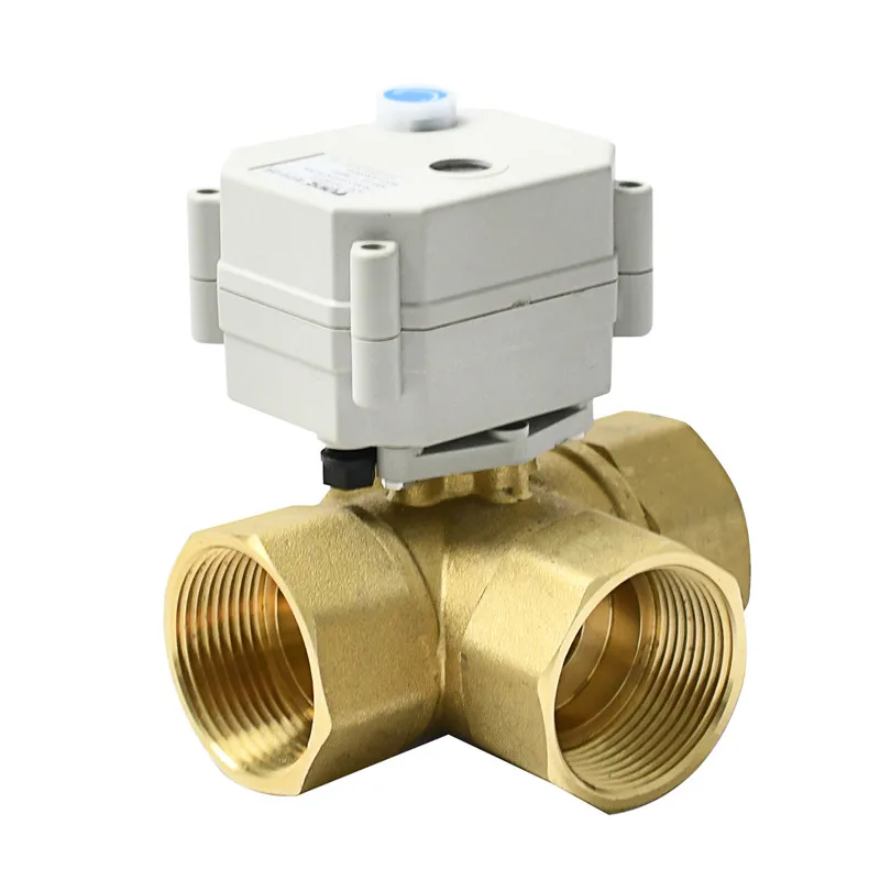 3-Way 1-1/4'' DN32 Motorized Actuator Brass Ball Valve 9-24VAC/DC or 110-230VAC Auto Return Failsafe With Manual Override