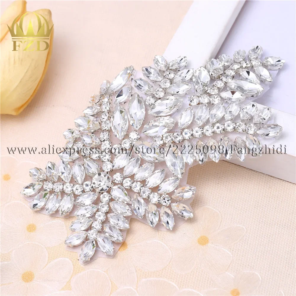 

FZD Wholesale 30 Pieces Handmade Hot Fix Crystal Sew On Bridal Sliver Rhinestones Crystal Applique for Wedding Sash and Belt