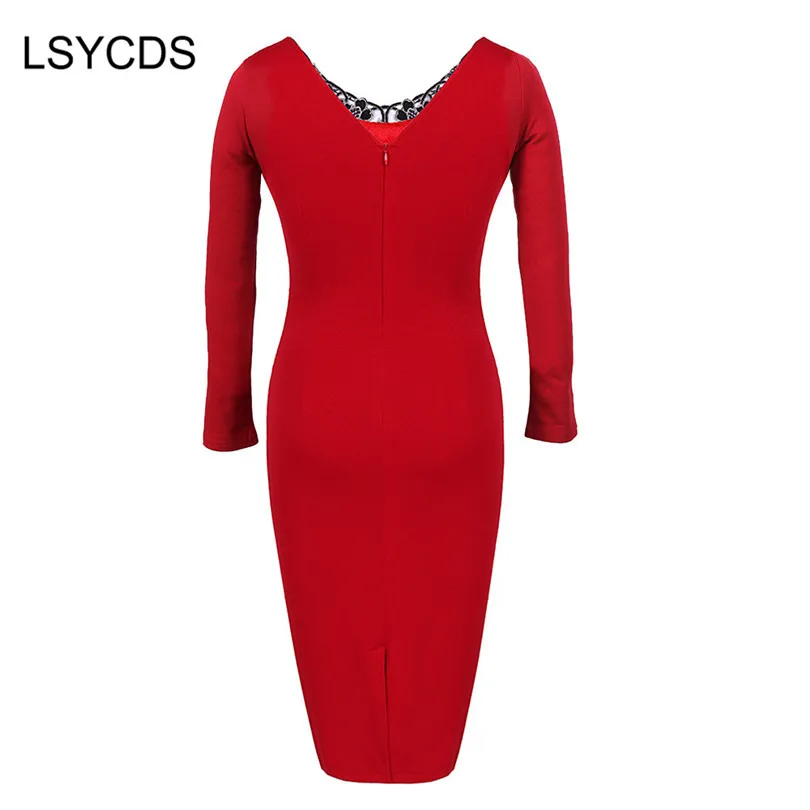 LSYCDS 2024 Vintage Red Women Dresses O Neck Long Sleeve Hollow Out Lace Casual Work  Elegant Pencil Winter Dress