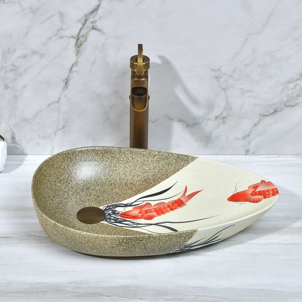 

j* Chinese Antique Hand Painted Fish Pattern Counter Top Porcelain Wash Basin