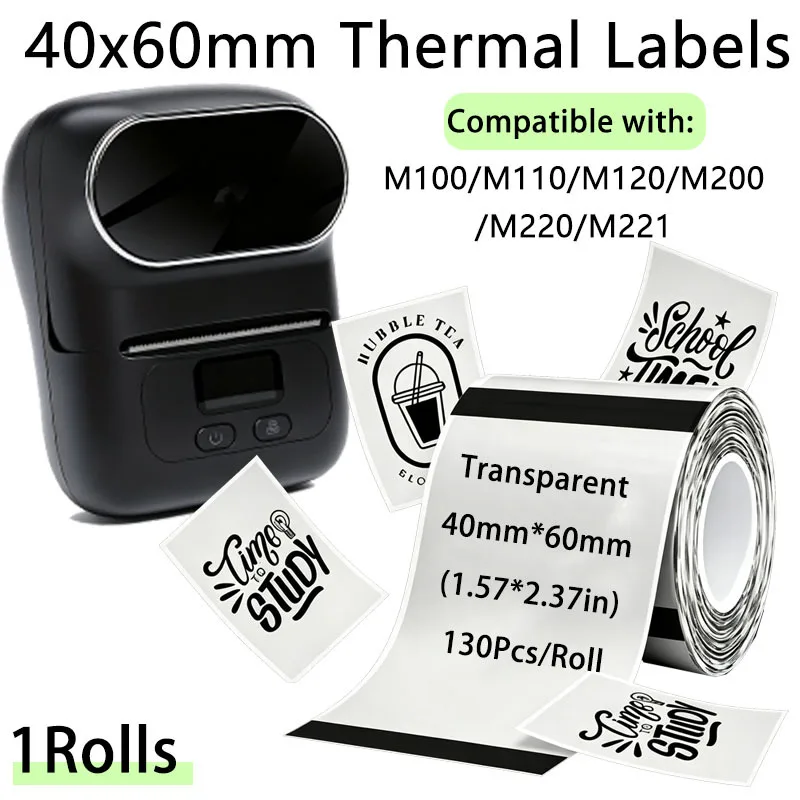 1/3 Rolls 40x60mm Transparent Square Thermal Label Sticker Tear Resistant Compatible for Phomemo M110 M120 M200 M220 Home Office