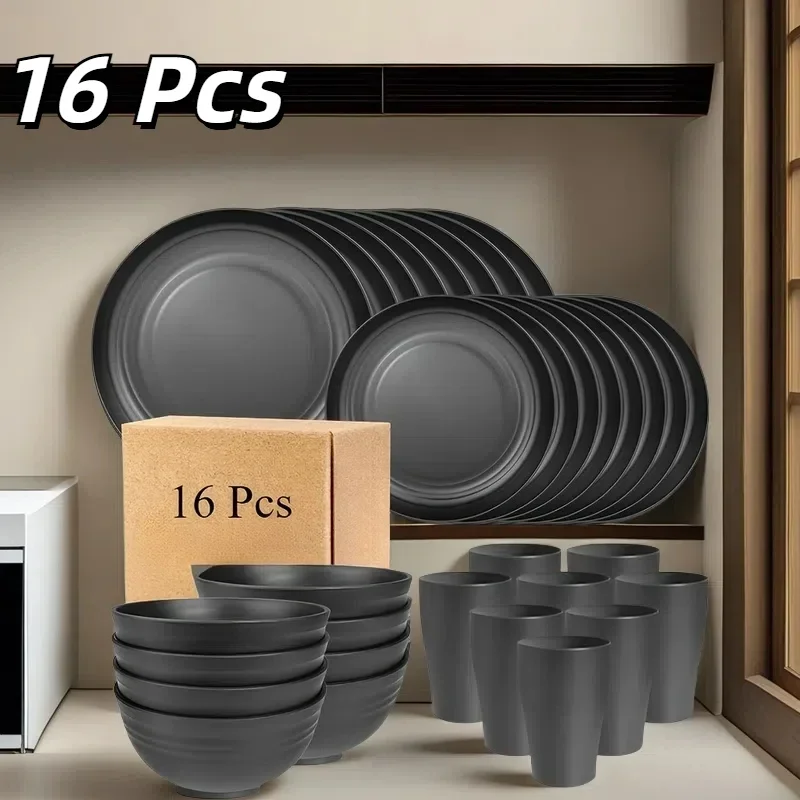 16pcs Eco Tableware Set - Biodegradable Plates Bowls Cups, Heat-Resistant Compostable BPA-Free Plant-Based for Family Kids