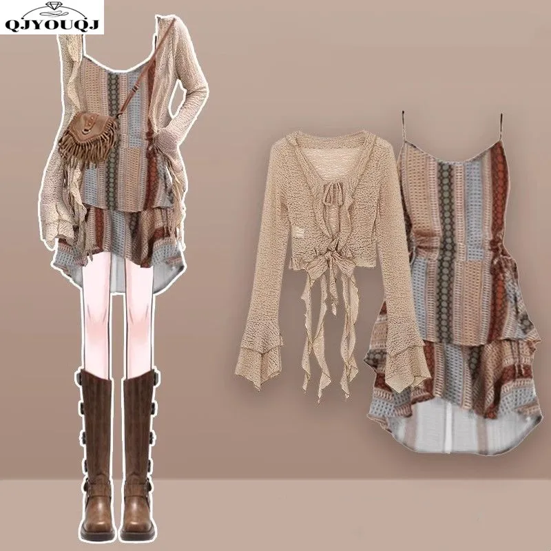 

Autumn new women's set fashionable long sleeved cardigan top+temperament casual camisole dress two-piece set
