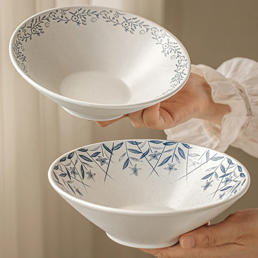 Janpanese Style Decal Floral Ceramic Bowls 7Inches Round Noodle Bowl Household Kitchen Deep Soup Porcelain Tablewares