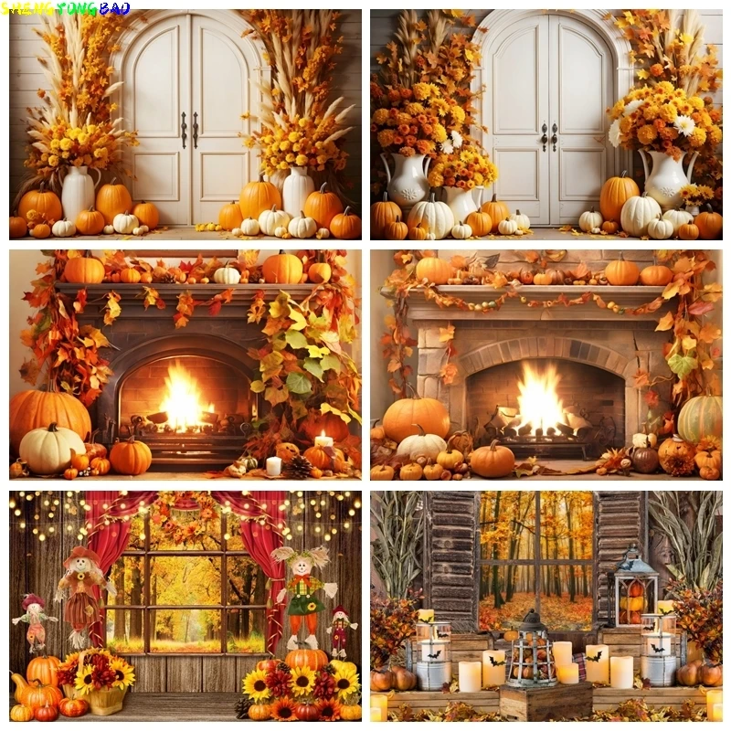 Herbst Fotografie Hintergrund Thanksgiving Party Herbst Scheune Bauernhof Holztür Kamin Kürbis Ahorn Heuhaufen Foto Hintergrund Requisite