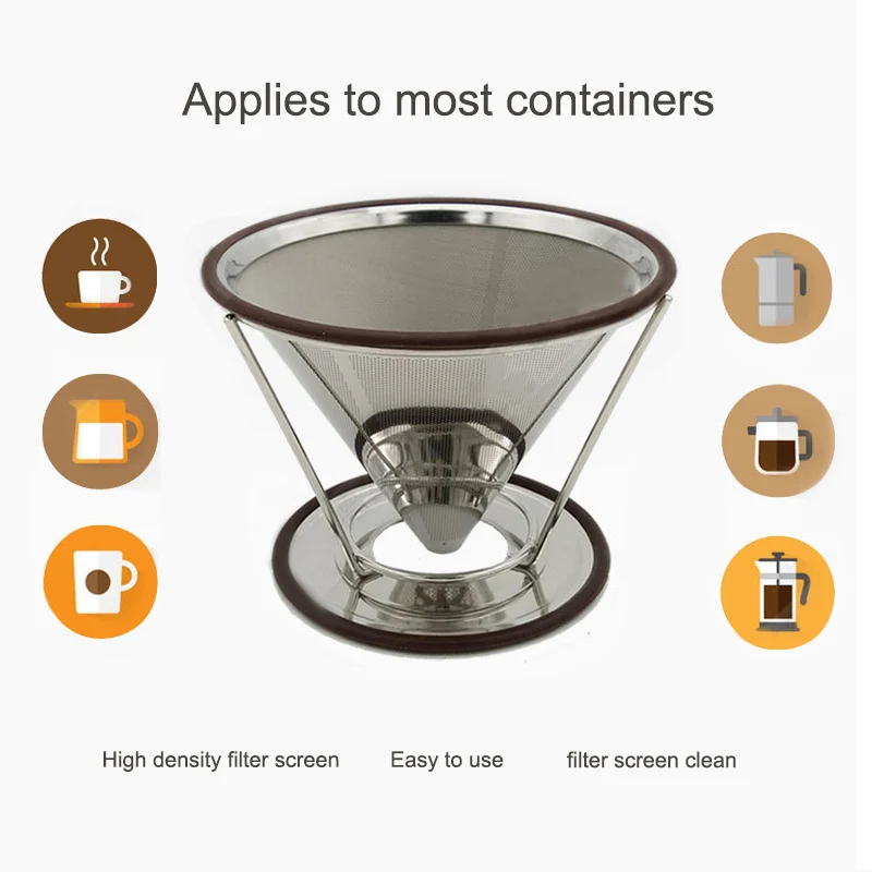 Cone Coffee Filter With Stand Stainless Steel Double-deck Filters Ccreen Reusable Pour Over Coffees Maker Dripper Funnel