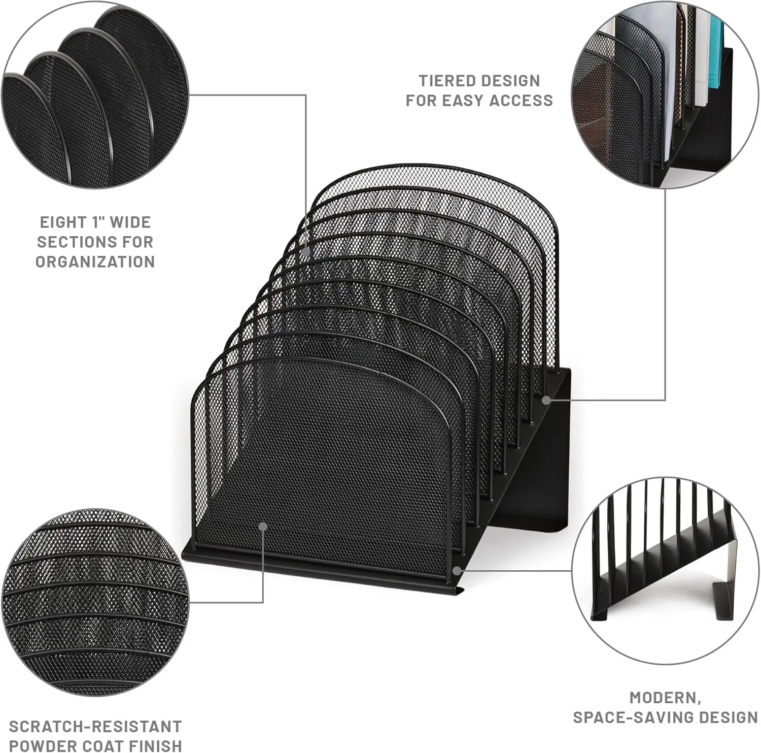 

Desk Organizer, 8 Tiered Vertical Compartments, Office and Classroom Mailbox , Paper and Mail Sorter, Steel Mesh, Black