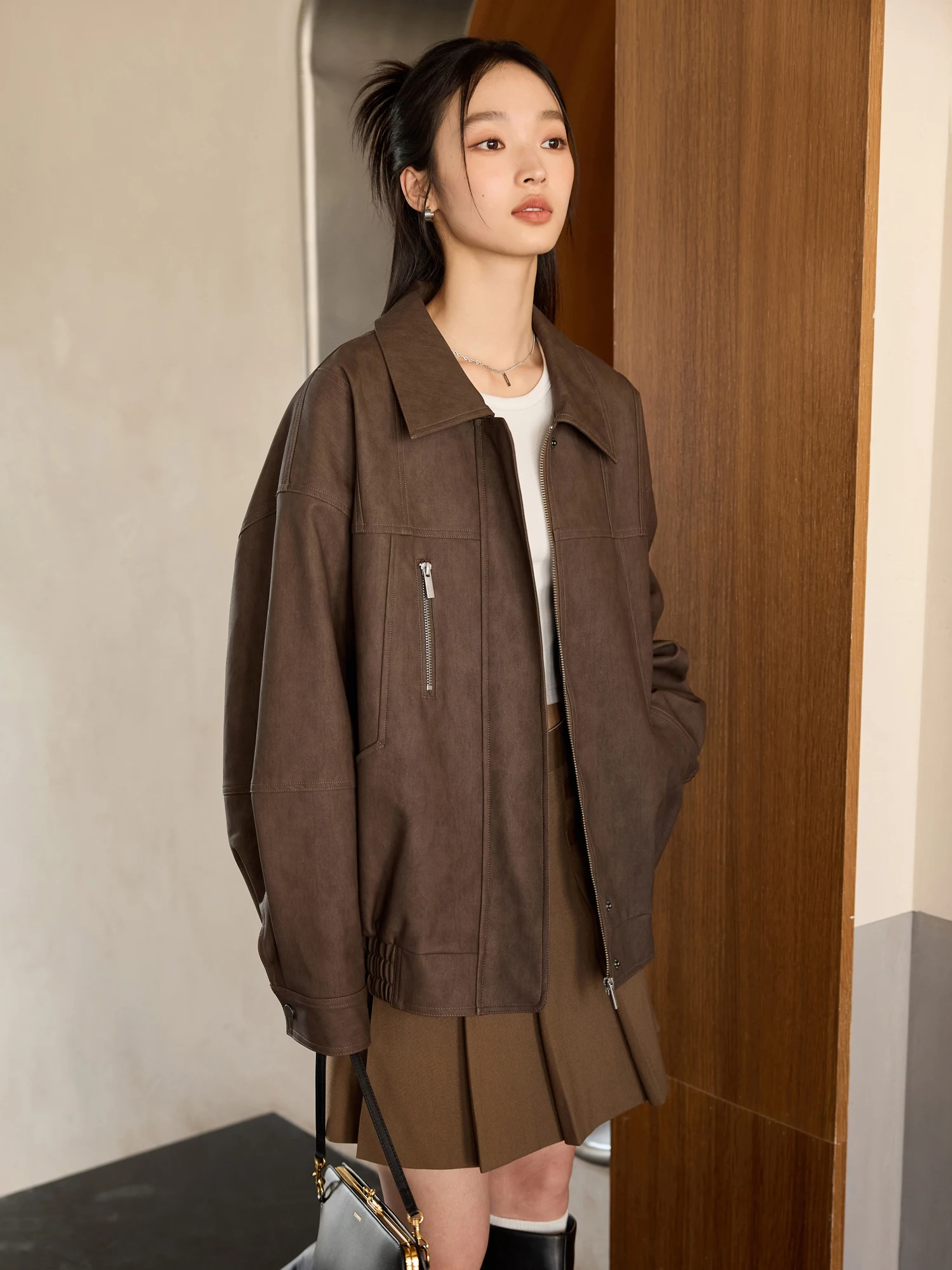 เสื้อแจ็คเก็ตหนังสไตล์เรโทร ซิปแบบด้าน ทรงหลวม แขนยาว ปกพับ แฟชั่นฤดูใบไม้ร่วงแบบดั้งเดิม