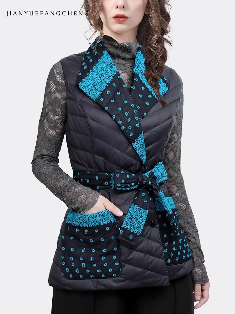 Autumn Winter Woman Down Vest Sleeveless Embroidered Out-wear Warm Cozy Duck Down Coat With Detachable Belt