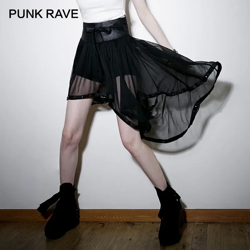 PUNK RAVE Punk Military Style Knit Chiffon Culottes for Women Black Fashion Sexy Hollow Out Skirts Knee-Length Harajuku Skirt