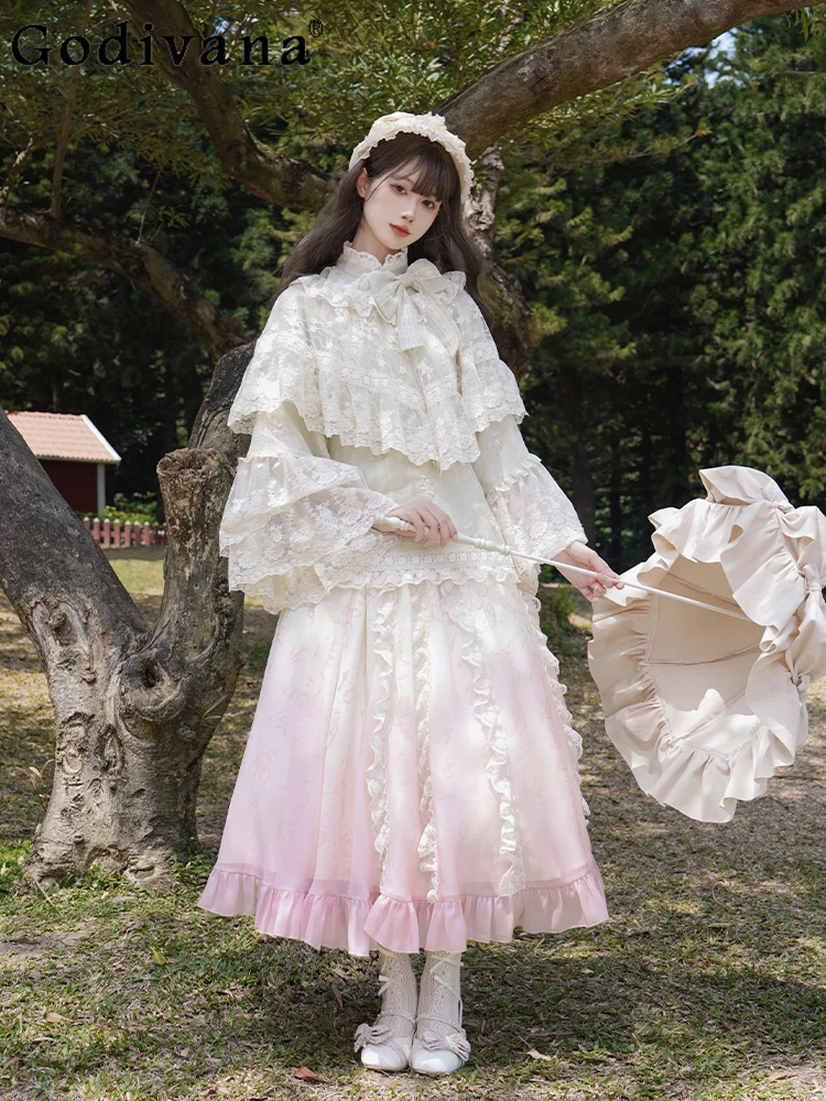 

Chinese Spring Autumn Fashion Versatile Loose Sweet Lolita Skirt Cute Girl High Waist A-line Gradual Change Pink Romantic Skirts