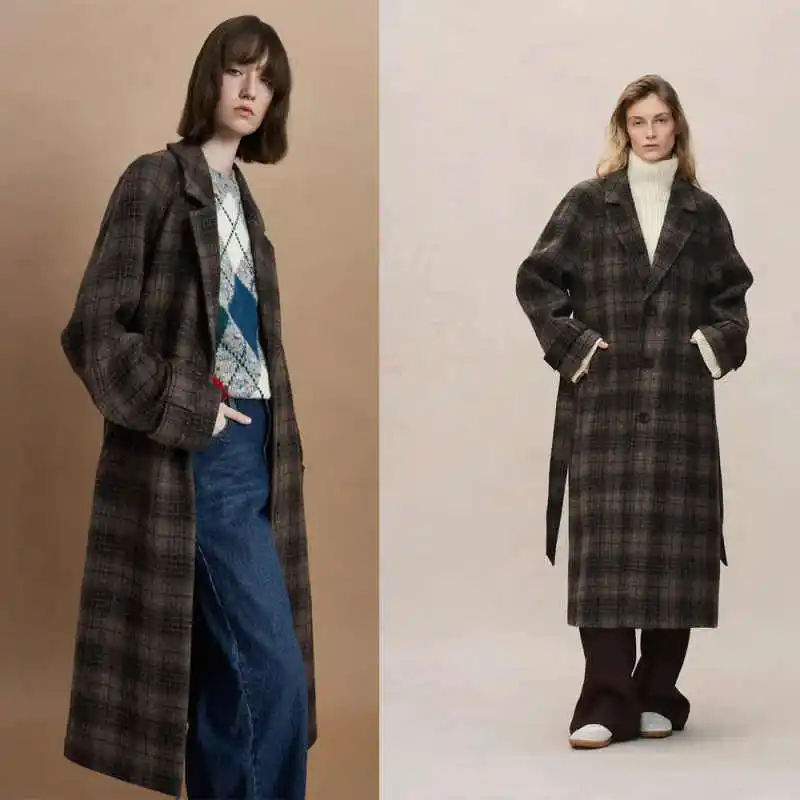 

Temperament Women Plaid Long OverCoat Autumn Winter Outwear Warm Wool Blend Single Breasted Jacket Customized